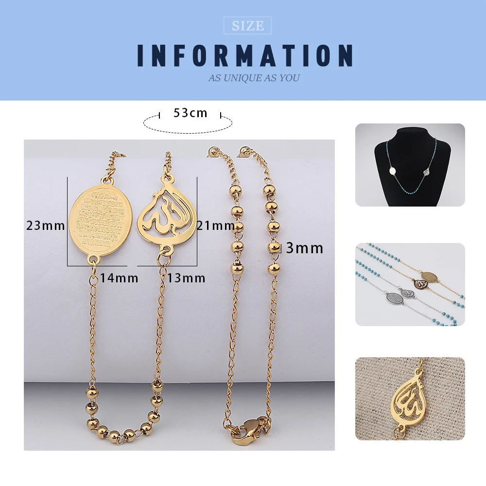 FINE4U N412 Stainless Steel Muslim Arabic Printed Pendant Necklace Long Chain Beads Rosary Necklace Koran Jewelry