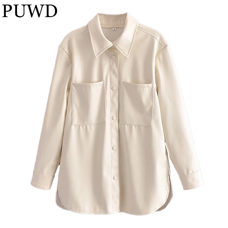 PUWD Casual Women Faux Leather Loose Shirt Jacket 2021Autumn/Winter High Street Solid All-match Pocket Loose Female Chic Outwear