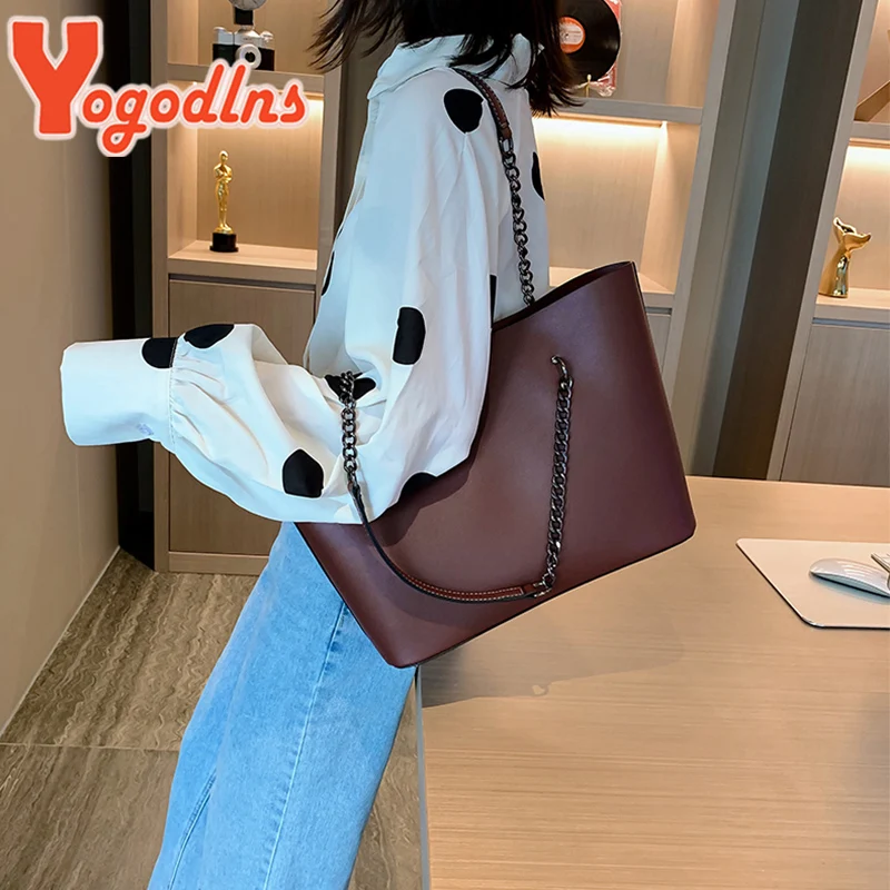 Yogodlns Luxury PU Leather Tote Bag For Women New Chains Shoulder Bag Large Capacity Handbag Travel Female Handle Bag bolso