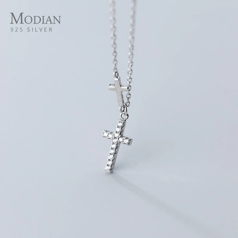 Modian Shining CZ Thick Cross Sterling Silver 925 Pendant Necklace for Women Adjustable Simple Necklace Fine Jewelry Accessories