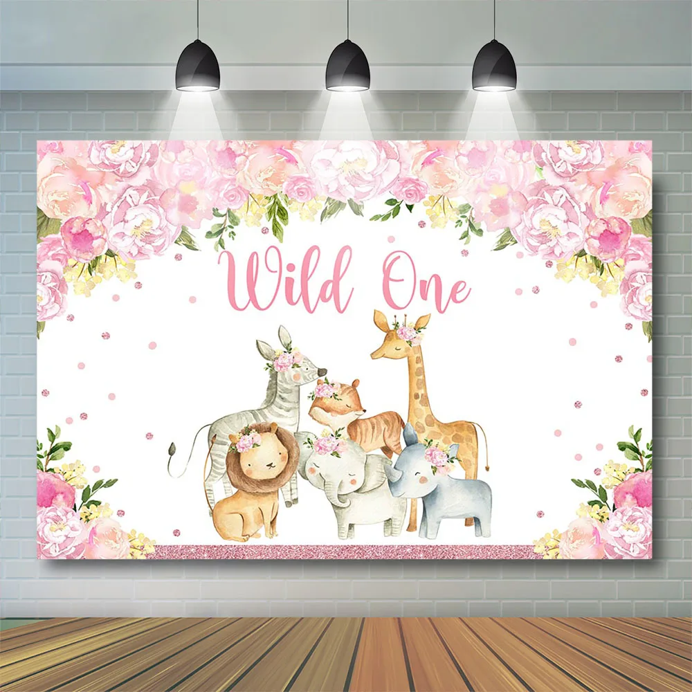 

Girl Wild One Birthday Backdrop Jungle Animals Background Cake Smash Pink Flower Safari Kids Party Banner Decoration Photostudio