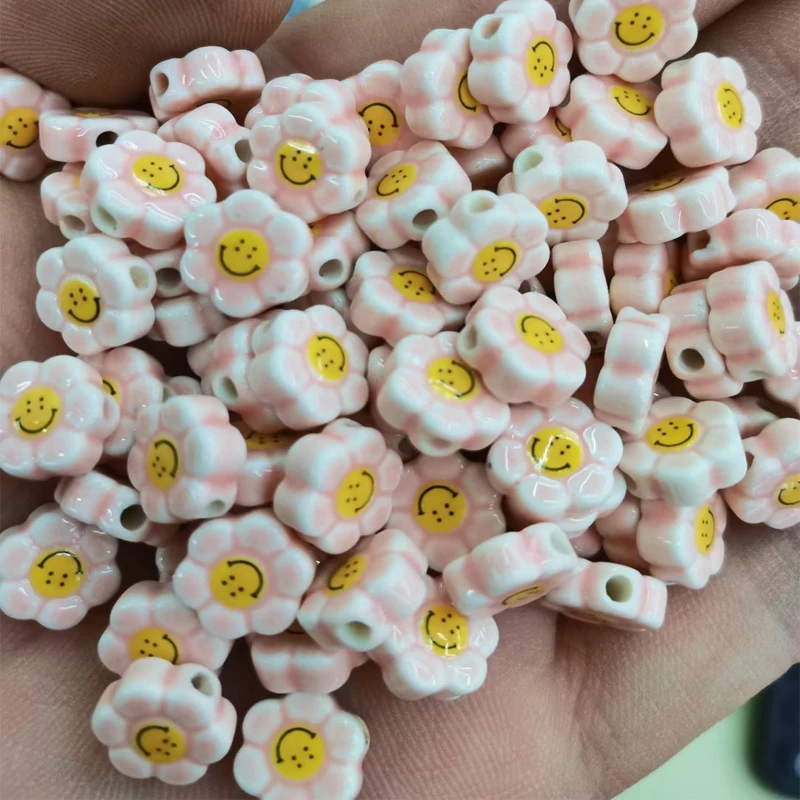 10pcs 9mm Smile Face Sun Flower Ceramic Beads Fashion Charm DIY Loose Spacer Bead For Jewelry Making Bracelet Accessories