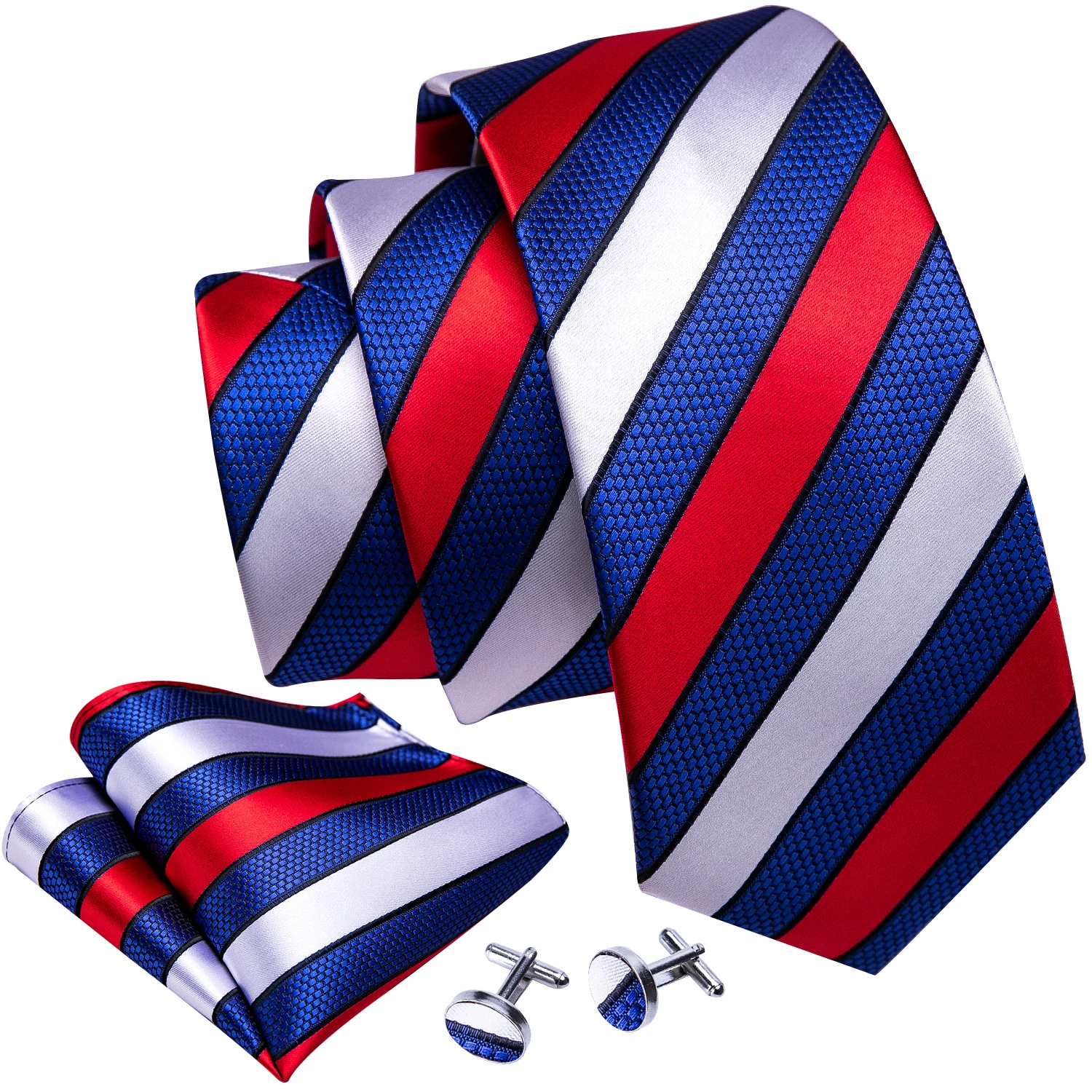 New Fashion Red Striped Men Tie Set Silk Jacquard Neckties Wedding Business Handkerchief Cufflink Tie Set Barry.Wang FA-5297