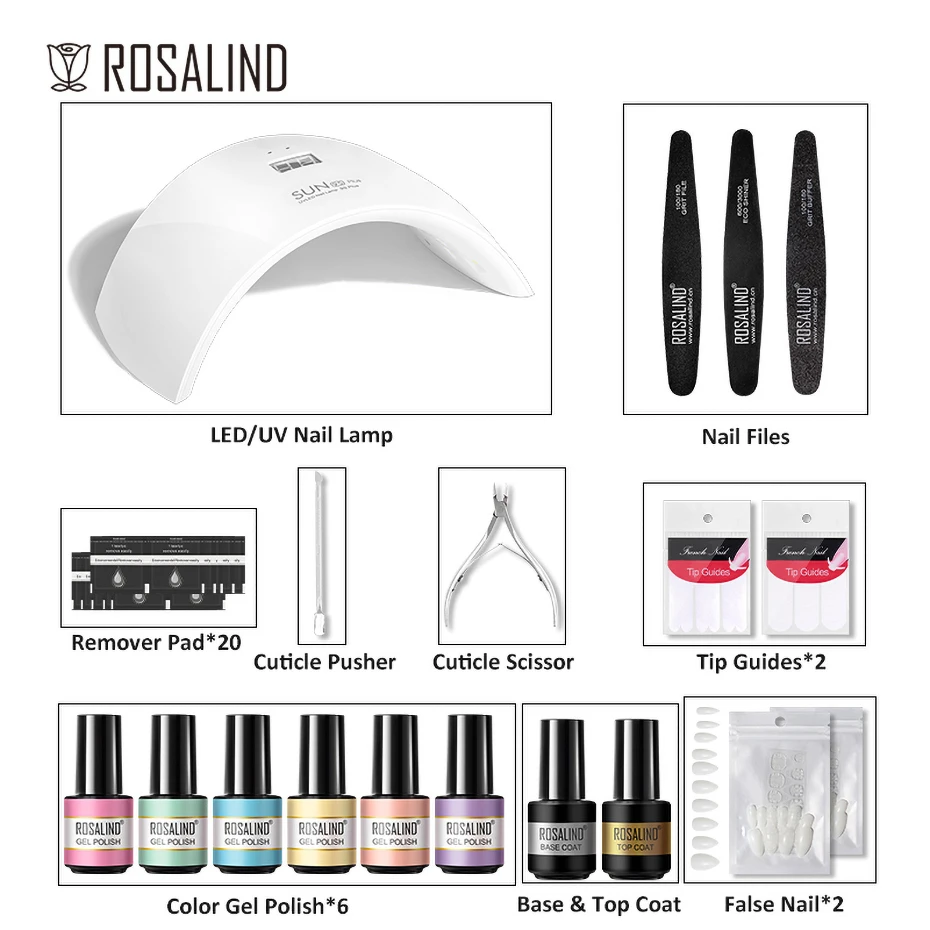 ROSALIND Gel Nail Polish Manicure Set with UV LED Lamp Dryer Semi Permanent Nail Polish Gel Arts Varnish Nail Tools Gel Kit