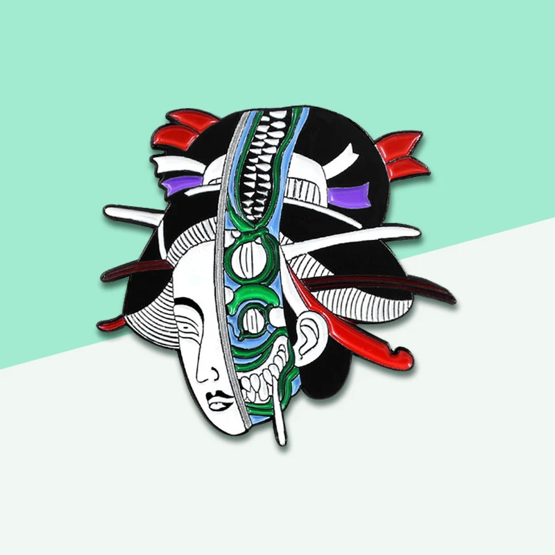 Cartoon Japanese Alien Geisha Brooch Creative Alien Geisha Female Headdress Patterns Retro Collar Pin Jewelry