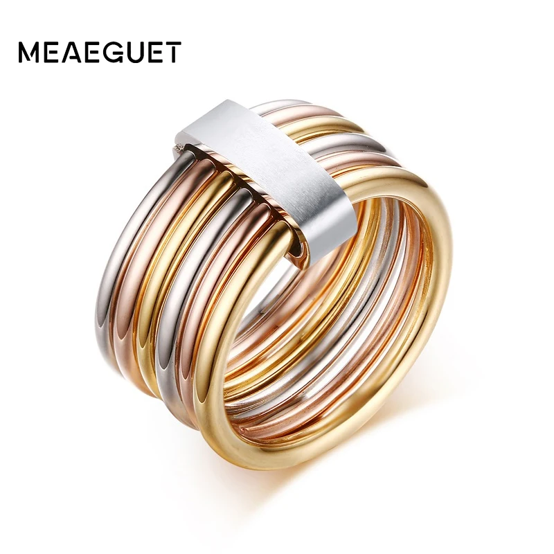 Women\'s Unique Rings Stainless Steel 6 Circle Interlocked Stacked 10MM Wide Statement Party Bijoux Accessories