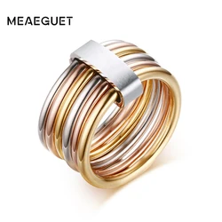 Women's Unique Rings Stainless Steel 6 Circle Interlocked Stacked 10MM Wide Statement Party Bijoux Accessories