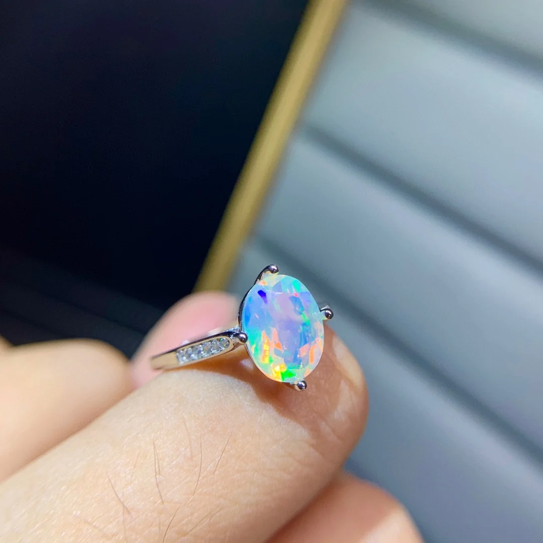 Oval 7x9mm Natural Faceted Cut Rainbow Opal Ring Real 925 Sterling Silver Engagement Wedding Rings Jewelry For Women Gift