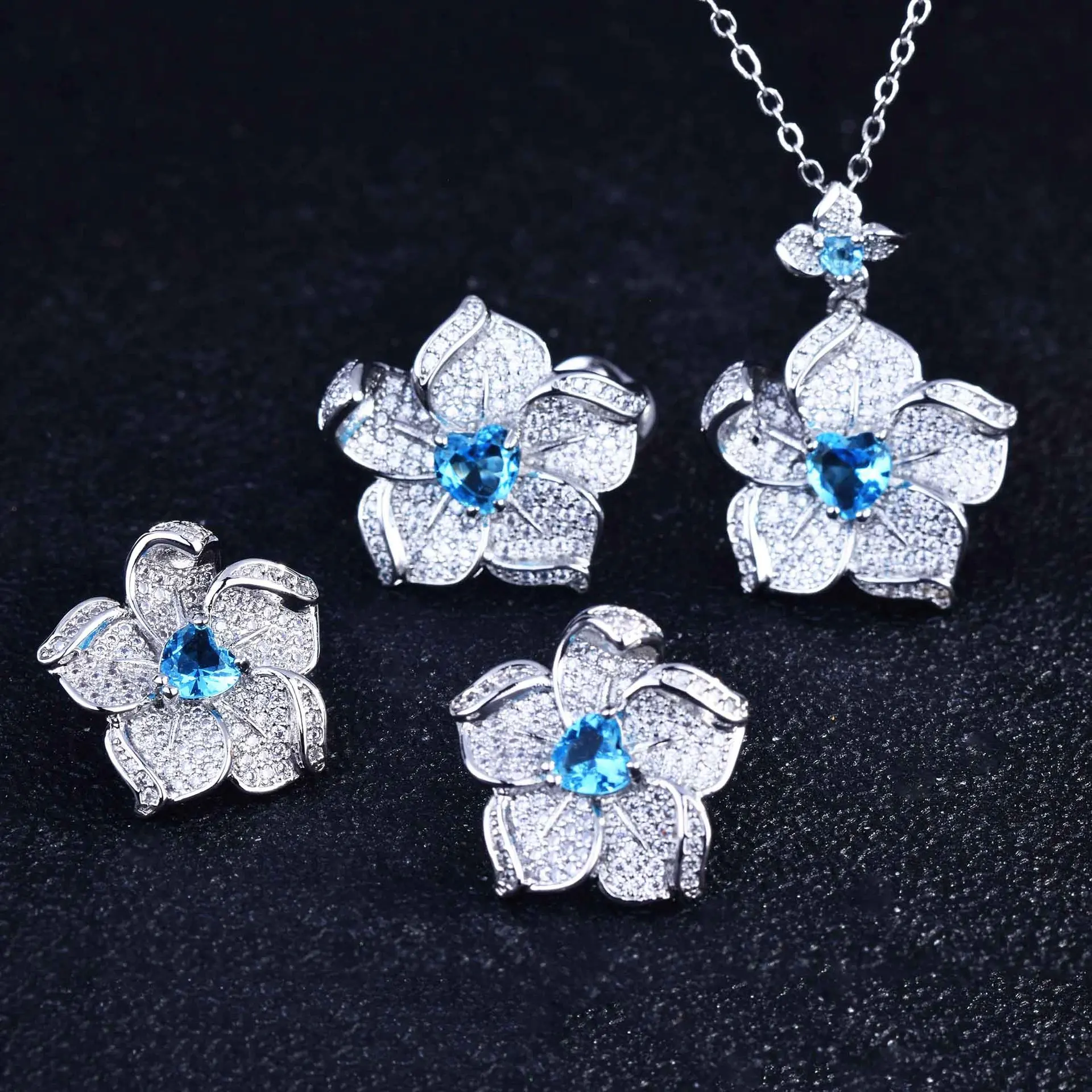 Luxury Silver Color Flower Jewelry Sets For Women Blue Stone Pendant Necklace Stud Earring Ring Sets Party Costume Jewelry 2021