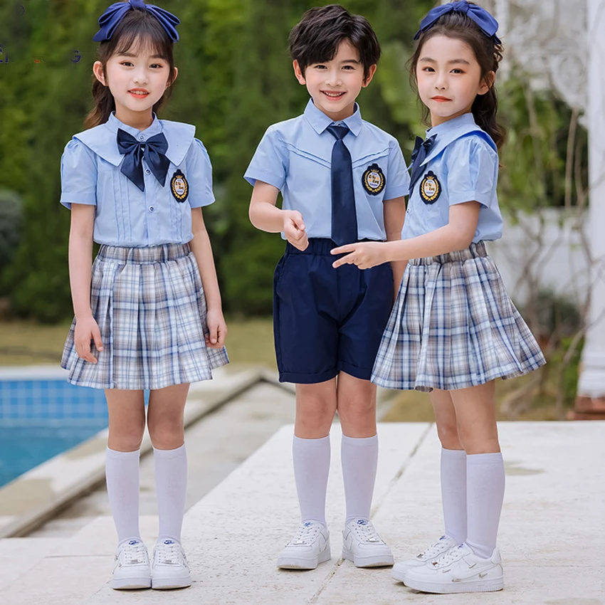 Anime Cosplay Kostuum School Uniformen Student Kids Meisjes Jongens Primaire Kleding Plaid Rokken Stadium Kostuums Blauw Shirt Matrozenpakje