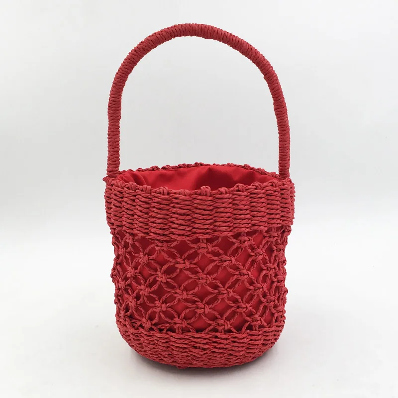 Hollow Women Handbag Summer Woven Bucket Beach Bag Handmade Female Straw Bags Bohemian Tote Knitting Top-handle Mesh Bag Basket