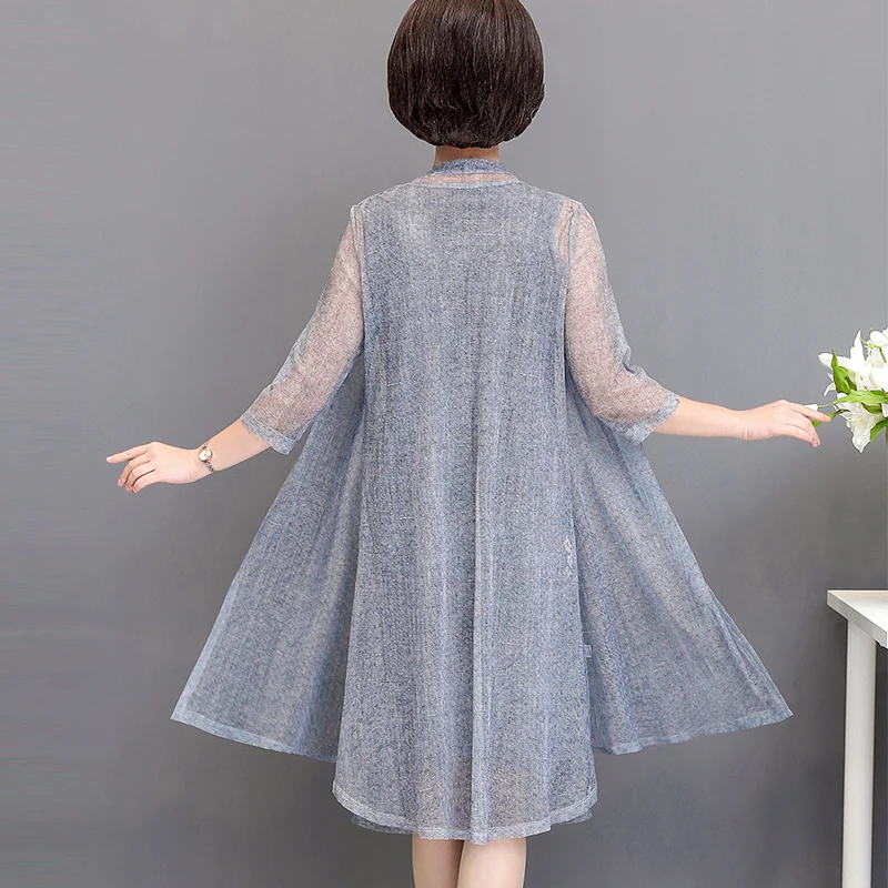 summer cotton linen 2 piece set dress cardigan women 3xl 4xl 5xl party midi dresses elegant vintage robe femme