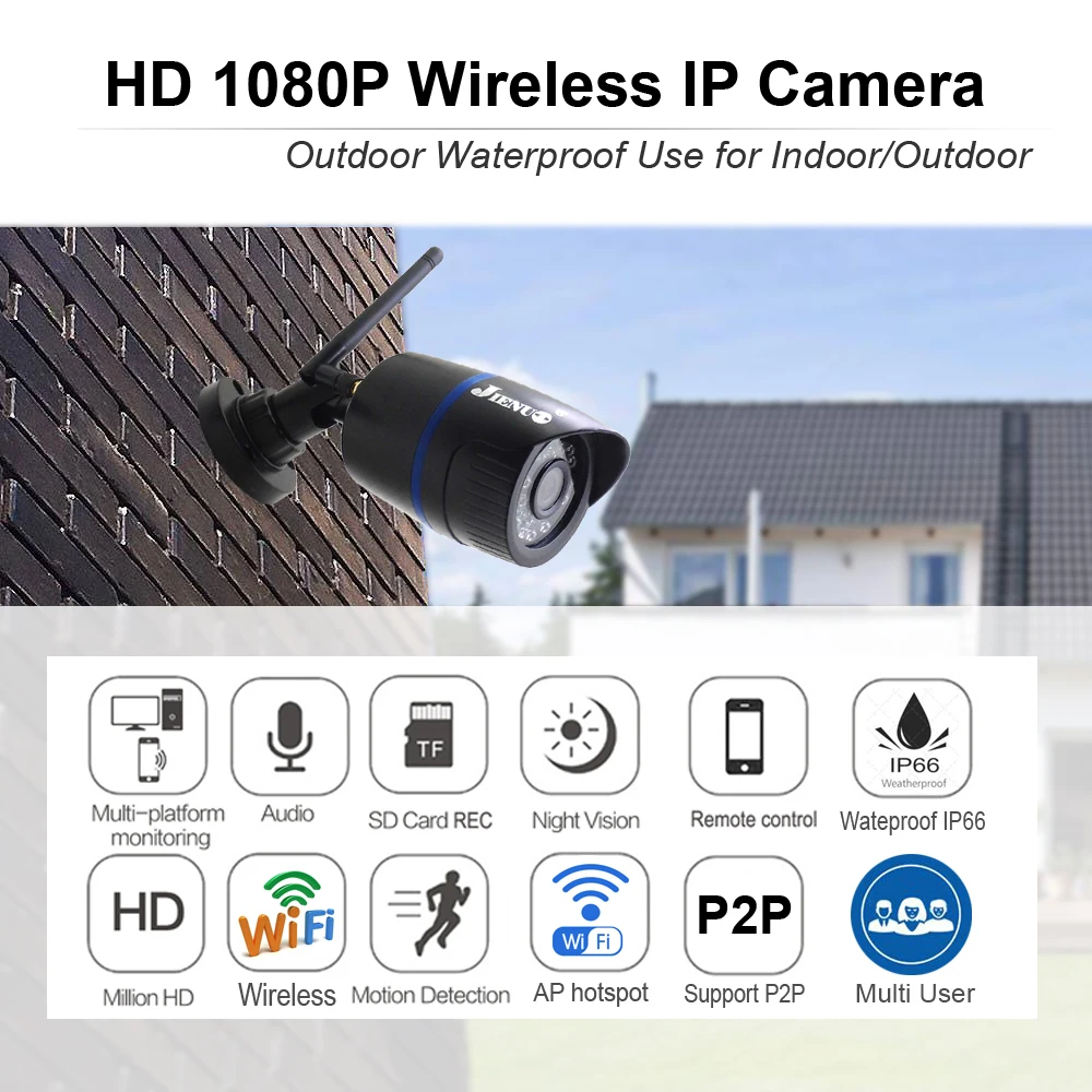 JIENUO-cámara IP inalámbrica para el hogar, sistema de vigilancia de seguridad Cctv, impermeable, con visión nocturna infrarroja, Wifi, 1080P, Audio HD