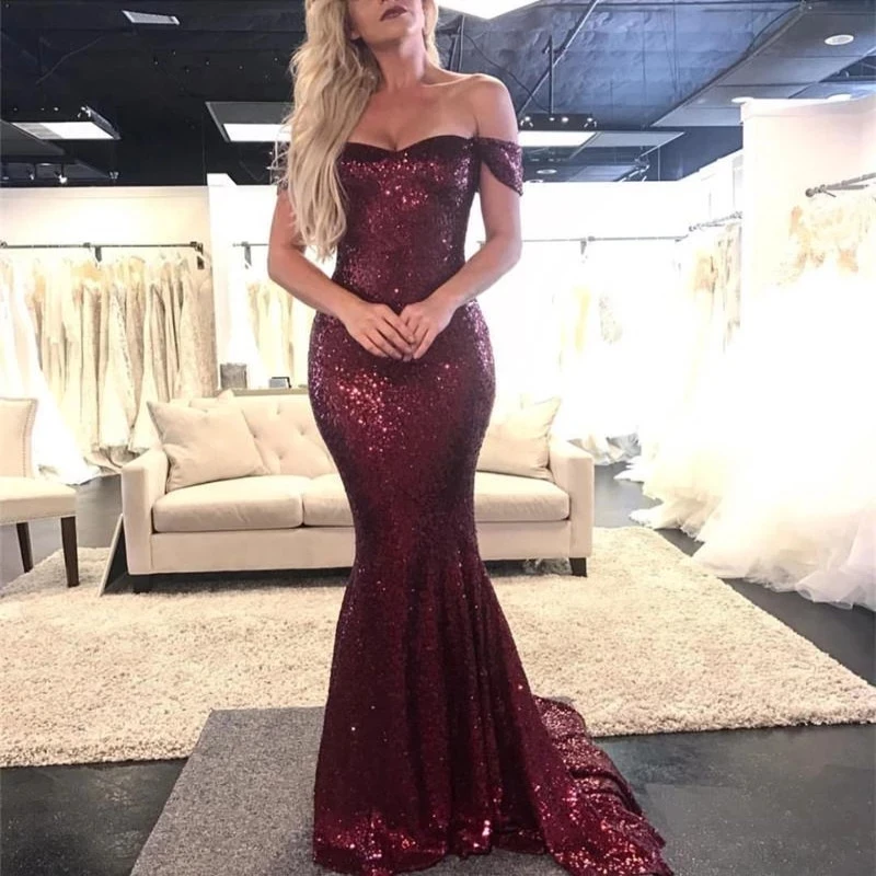 

Angelsbridep Off-Shoulder Evening Dresses Vestidos De Fiesta Bling Bling Sequin Court Train Formal Robe De Soirée De Mariage