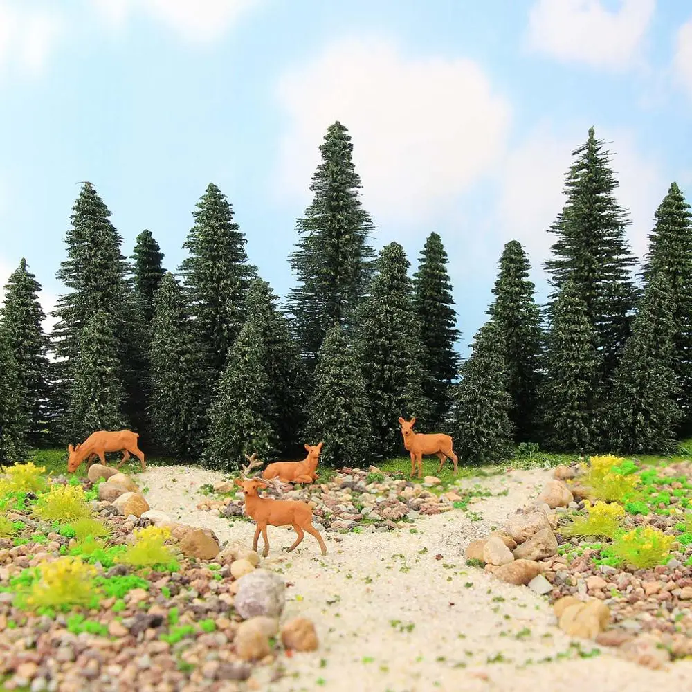 20pcs HO O N Z Scale Model Pine Trees with 4pcs 1:87 Moose Deer Railway Layout Mini Scenery S0804M