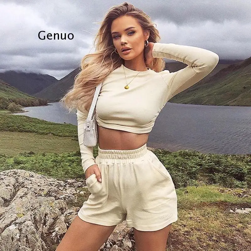 Sexy 2 Piece Set Women Autumn Lace Up Crop Top and Shorts Tracksuit Backless Long Sleeve Sexy Sport Matching Set