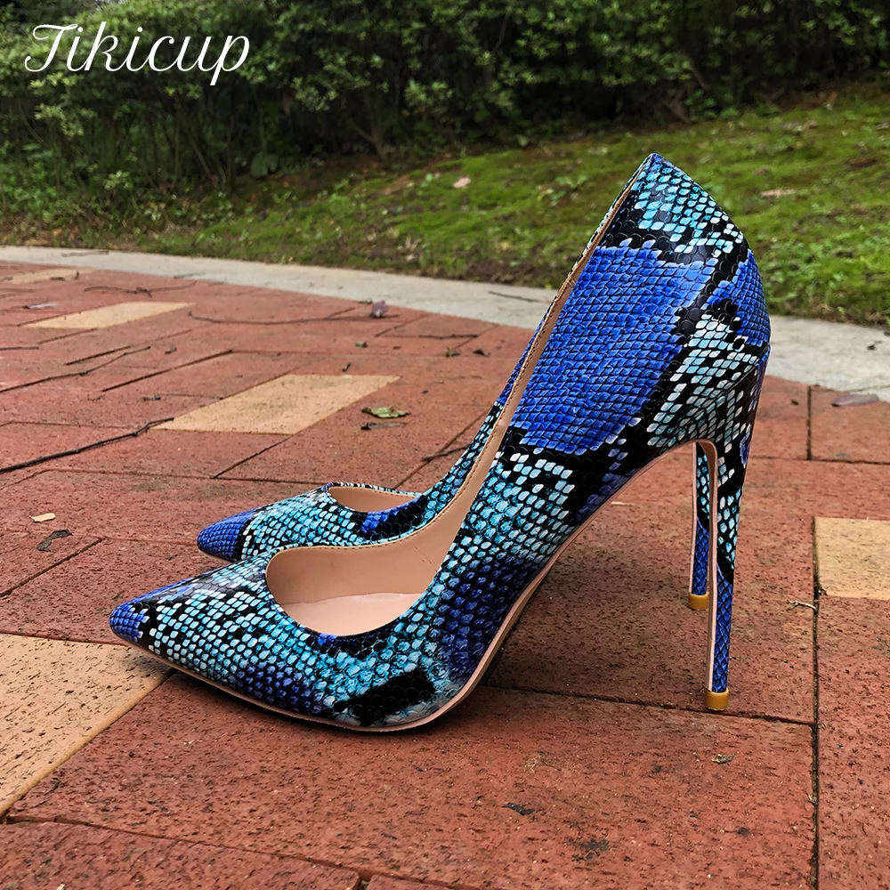 Tikicup Blue Python Pattern Women Sexy Extremely High Heel Shoes Ladies Chic Pointed Toe Stiletto Pumps Small Size 33 43 44 45