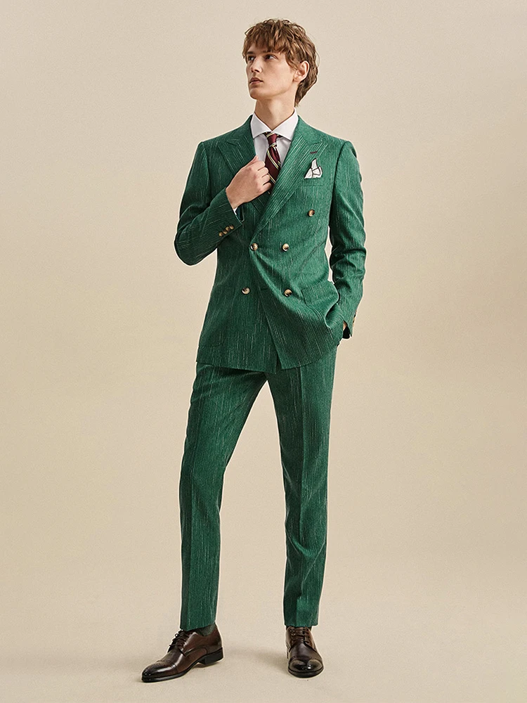 Double Breasted Green Suits Set For Men 10% Cotton 2021 New Slim Style Wedding Groom Wear Business Man Daily Wear Plus Size 58A