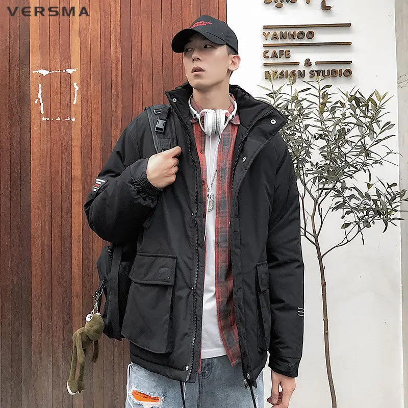 VERSMA Japanese Padded Pocket Thick Winter Jacket Parka Men Youth Streetwear Solid Color Warm Windbreaker Men Coat Dropshipping