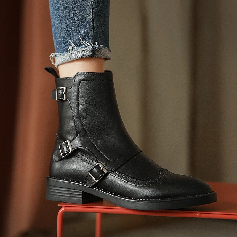 2020 Autumn New Woman Buckle Chelsea Boots Handmade Genuine Leather Round Toe Shoes Quality Buckle Square Low Heel Lady Boots