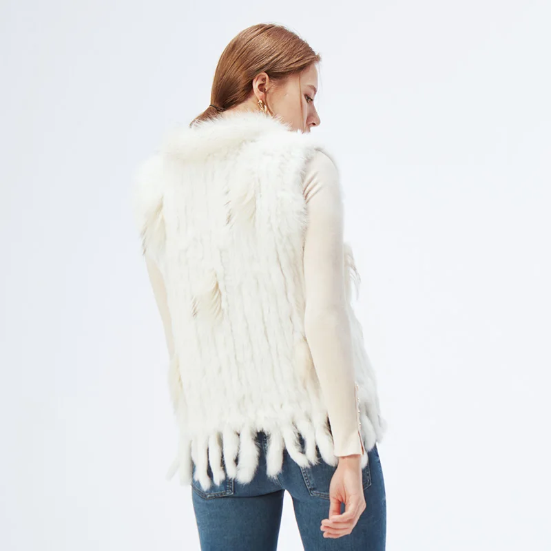 ETHEL ANDERSON Genuine Women\'s Rabbit Fur Vest Gilet Tassels Real Fur Coat Kintted Waistcoat Raccoon Fur Collar Outwear