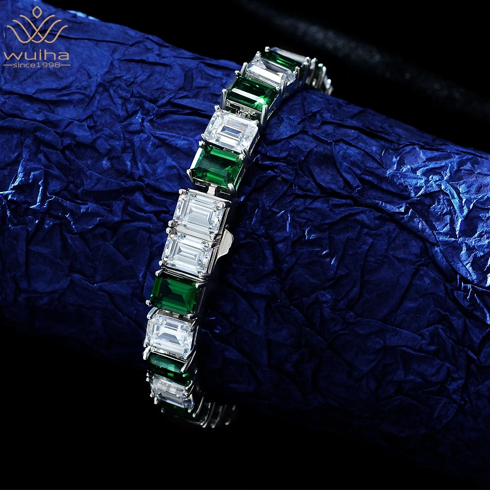 

WUIHA Solid 925 Sterling Silver Emerald Cut Created Moissanite Emerald Gemstone Wedding Engagement Charm Bracelets Fine Jewelry