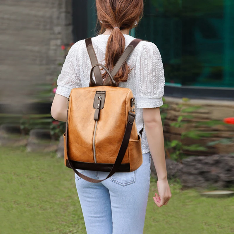 Vintage Pu Leather Backpack Shoulder Bags For Women Retro Large Capacity Student Knapsack High Quality Travel Rucksack