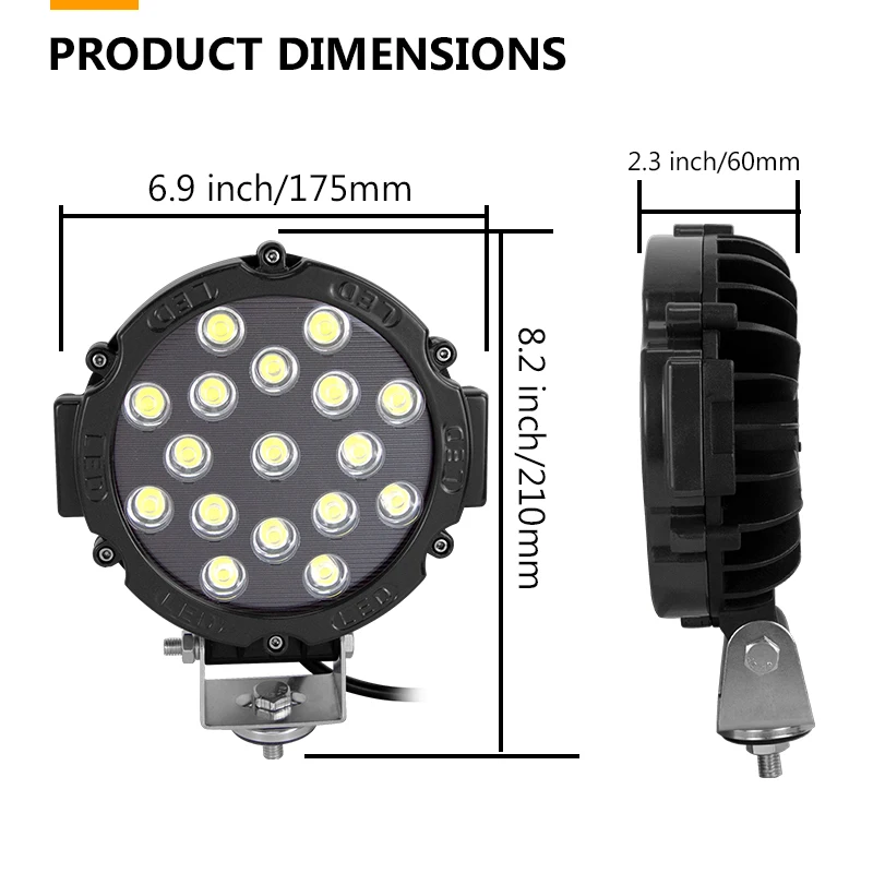 Willpower 2pcs 7 inch 51W Round LED Work Light Spot Flood Driving Fog Lamp for 4x4 4WD Offroad Truck Tractor ATV SUV 12V 24V