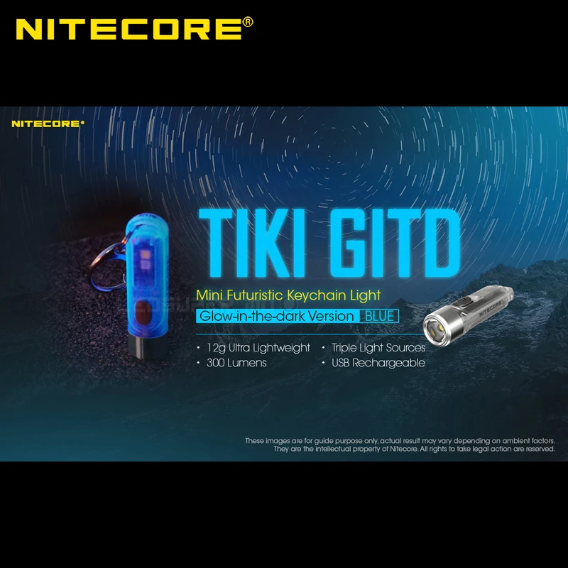 Imagem -02 - Nitecore Tiki Gitd Azul Brilho-no-escuro Mini Futurista Chaveiro Lanterna com Auxiliar uv & Alta Cri & Luzes Brancas