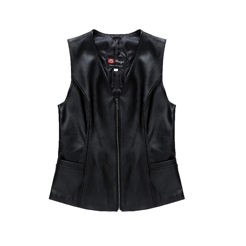 

Harppihop Brand Genuine Leather Vest Womens Winter Sleeveless Jackets Warm Waistcoat Sheepskin Black Cotton Padded Suede Vest