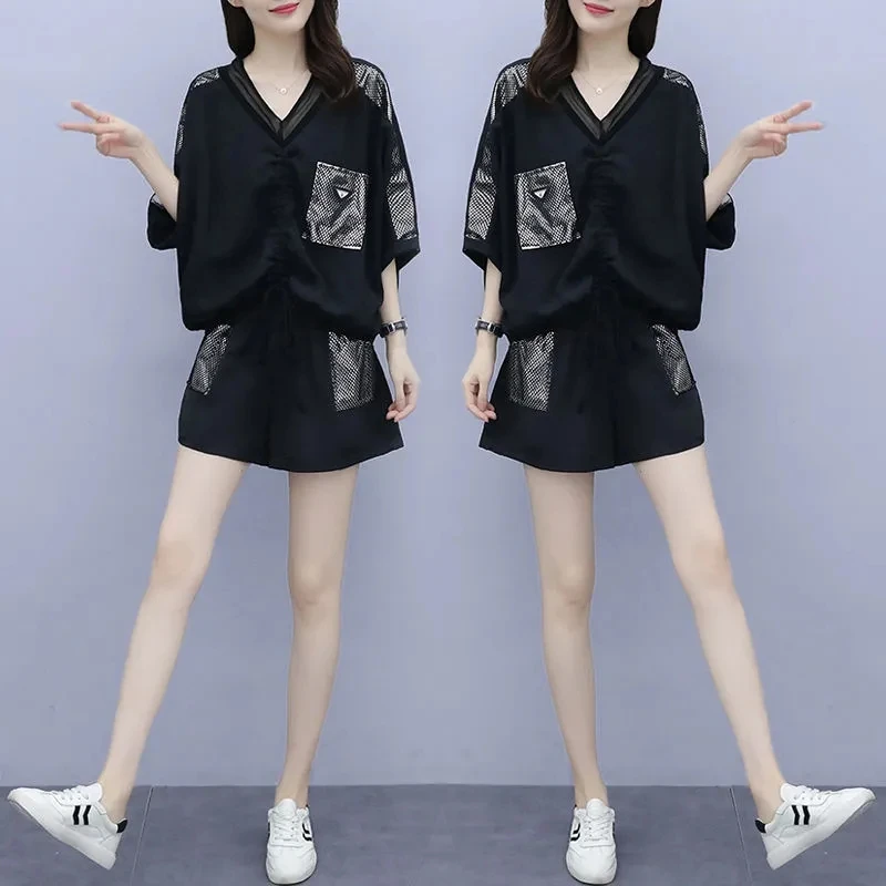 Women Shorts Sets Black 5XL Fashion Ins Loose Short Sleeved Shorts Suit Summer Fat MM Was Thin Age Reducing Two Piece Sets Lady