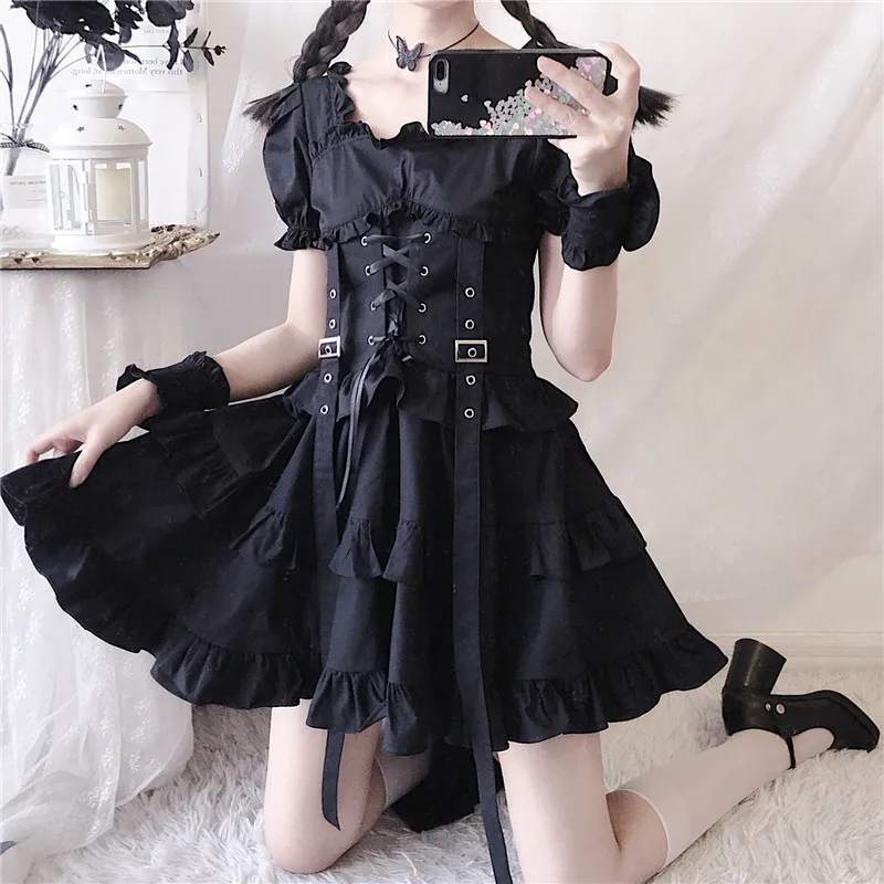 YBYR Black Gothic Lolita Dress Japanese Girl Punk Style Puff Sleeve Bandage Mini Dress Women Sexy Ruffles Dresses Club Clothes