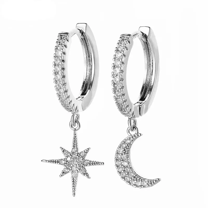 925 Silver Needle Star Moon Piercing Stud Earring For Women Girls Party Wedding Jewelry Pendientes Accessories eh985