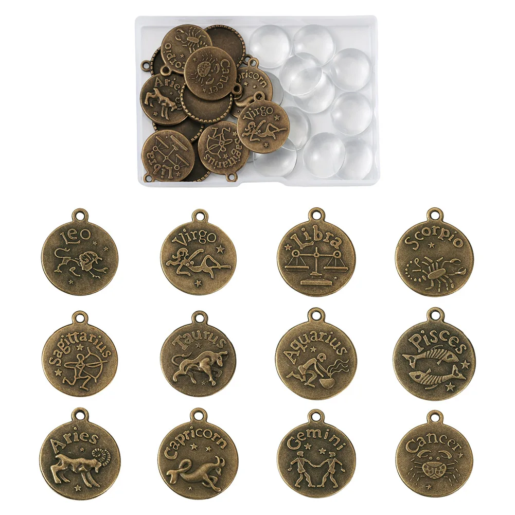 1set Tray: 20mm 12 Constellations Pendant Making Kits Pendants Settings Half Round Transparent Glass Cabochons Jewelry Making