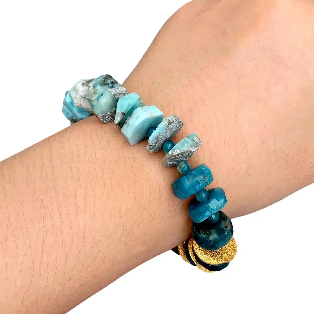 

YYGEM Natural Blue Larimar Slice Rough Apatite Rondelle Bracelet Keshi Pearl Gold plated Seastar charm 9"