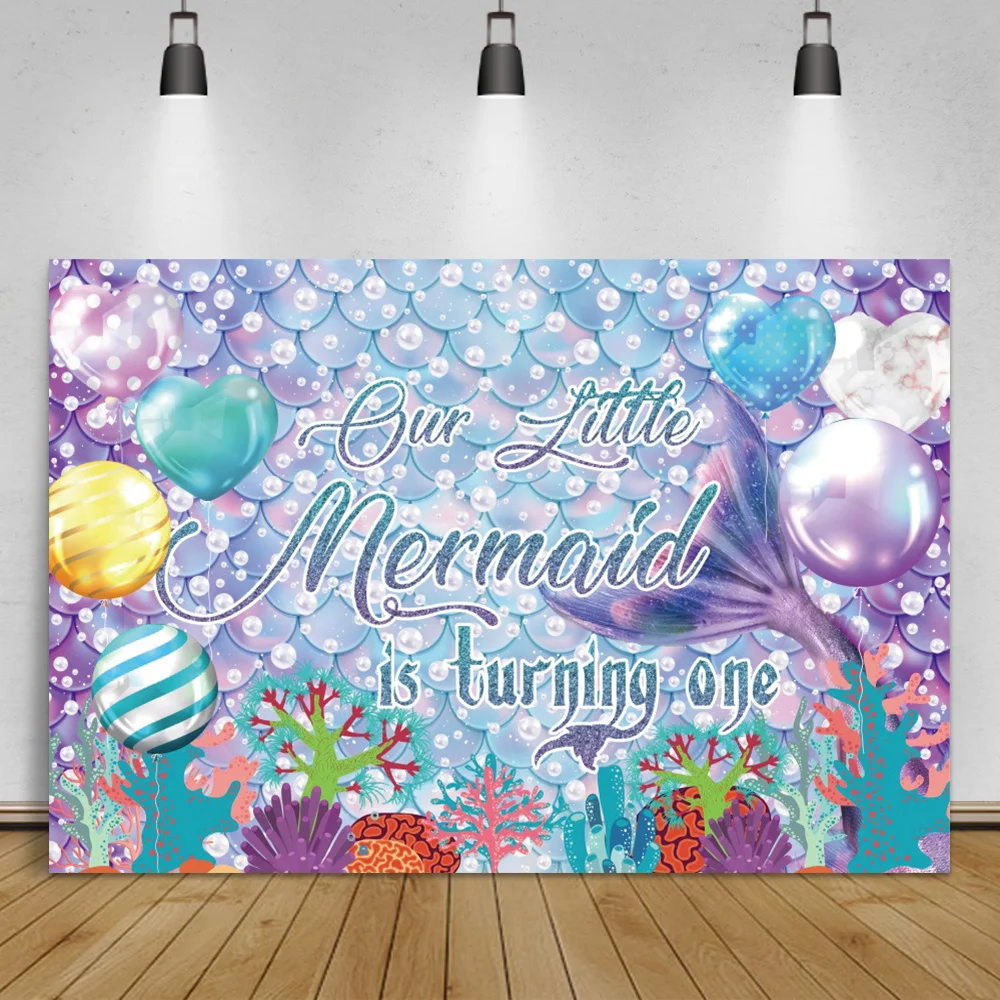 Laeacco Dreamy Little Mermaid One Birthday Celebrate Party Background For Photography Baby Personalized Poster Photo Backdrops