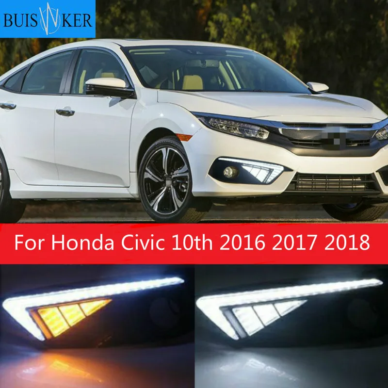 

2Pcs LED DRL Daytime Running Lights with Fog Lamp hole For Honda Civic 10th 2016 2017 2018 Turning Signal yellow