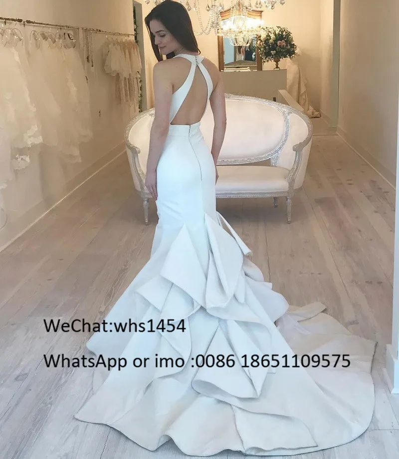 Mbcullyd eleganti abiti da sposa a sirena lungo 2023 Sweep Train abito da sposa bianco per le donne Halter Neck Satin vestido de noiva