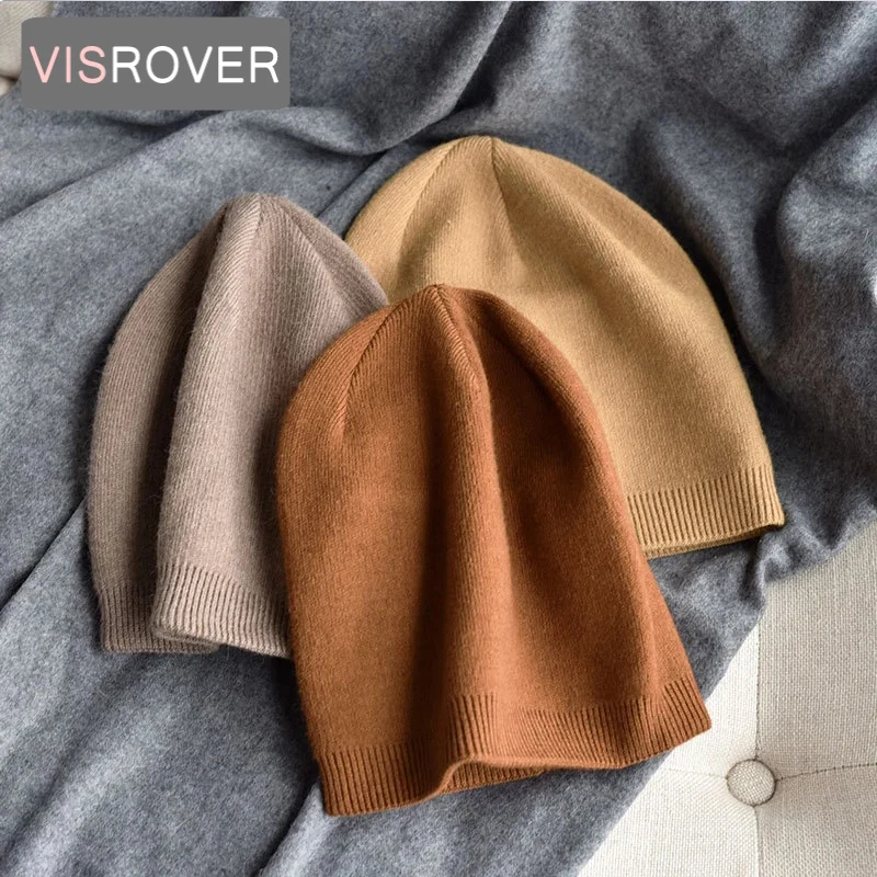 VISROVER 9 Colorway Solid Color Real Cashmere Woman Winter Hat Soft Unisex Autumn Bonnet Soft handfeel Woman Warm Skullies Gift