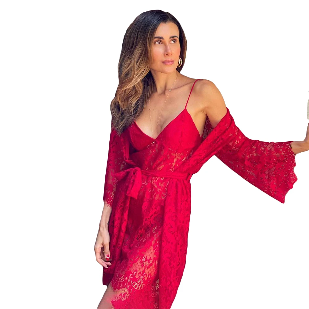 Sexy Red Lace Women Sleepwear Spaghetti Kimono Pregnant Party Sleepwear With Belt Sheer Nightgown Robe 2 pieces Set