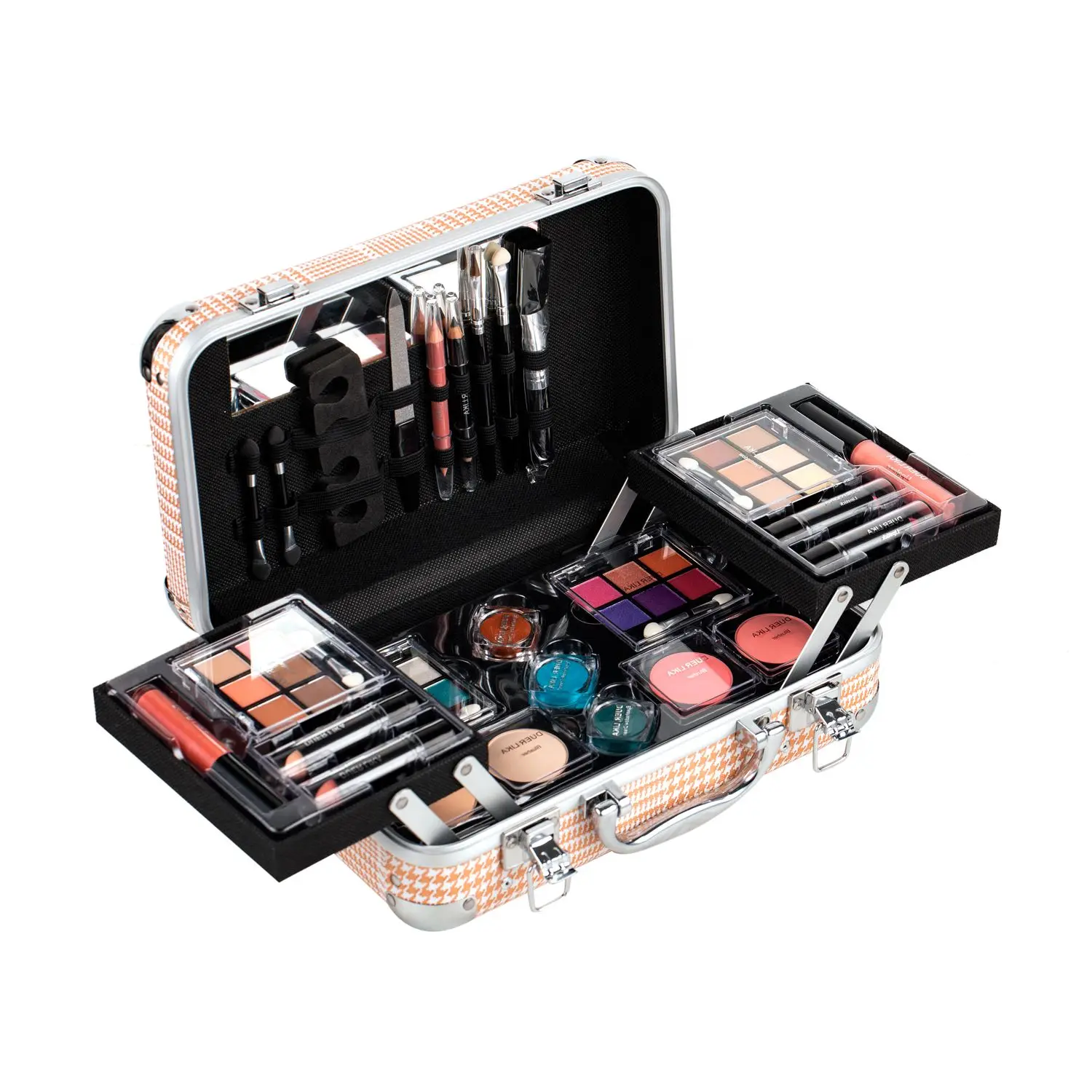 DUER LIKA Carry  Professional 24 Color Eyeshadow Blush Makeup Set Train Case with Pro Make Up Kit and Reusable Aluminum BOX