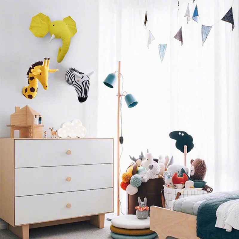 Tête d'animal en peluche, décoration murale, jouets, tête d'éléphant/girafe/zèbre, cadeau de chambre à coucher