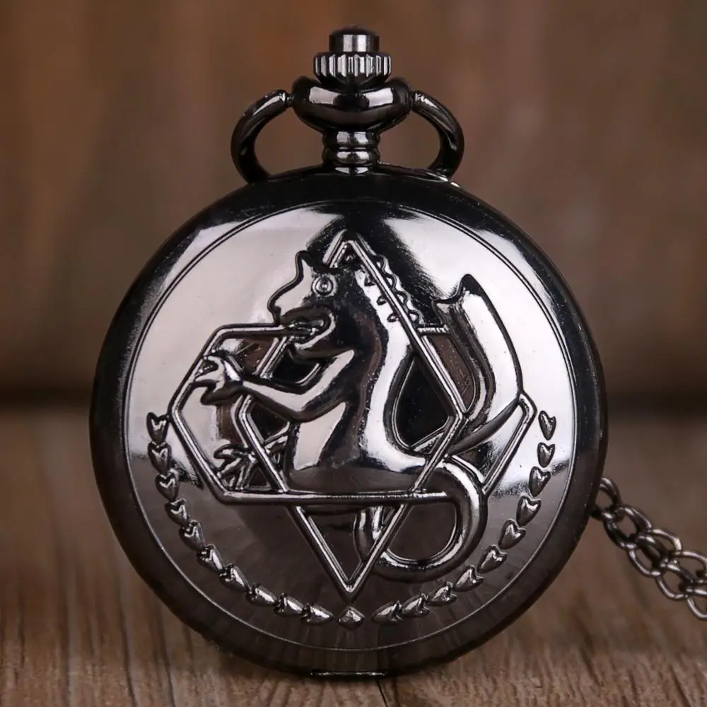 Classic Movie Edward Elric Cosplay Quartz Pocket Watch Vintage Black Pendant Necklace Men Women Fob Watch