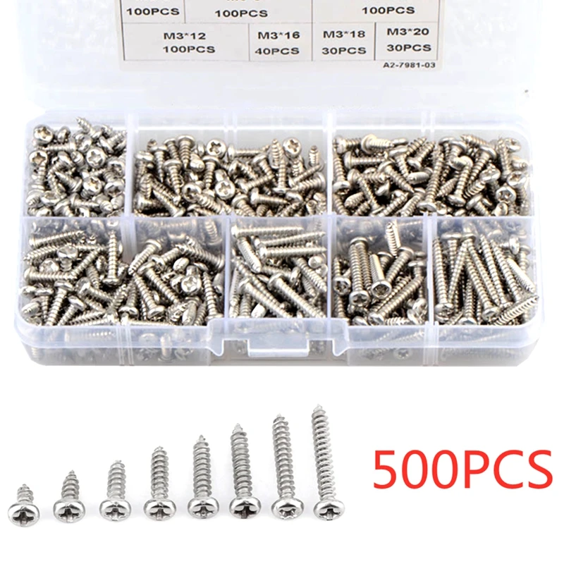 500pcs M3 stainless steel 304 Cross Pan Head Self Tapping Screw Combination Set Phillips Round Head Screw Kit