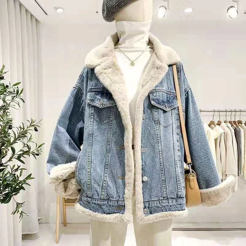 Winter 2021 Women Lambs Wool Coat Multi Pocket Long Sleeves Leopard Warm Jeans Coat Outwear Wide Denim Jacket Reversible Top