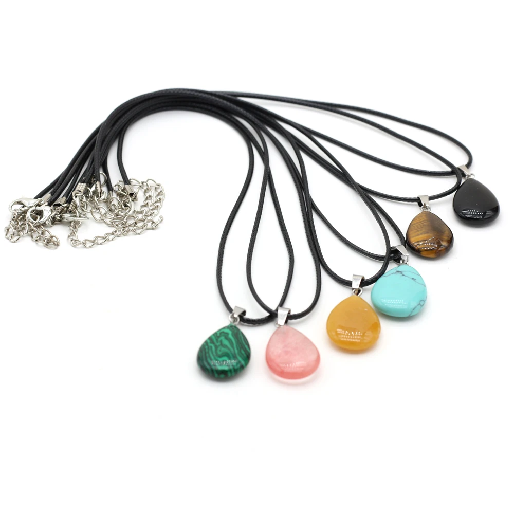 Drop Shape Natural Stones Necklace Crystal Rose Quartz Turquoise Tiger Eye Agate Malachite Pendant Neck Chain for Women Jewelry