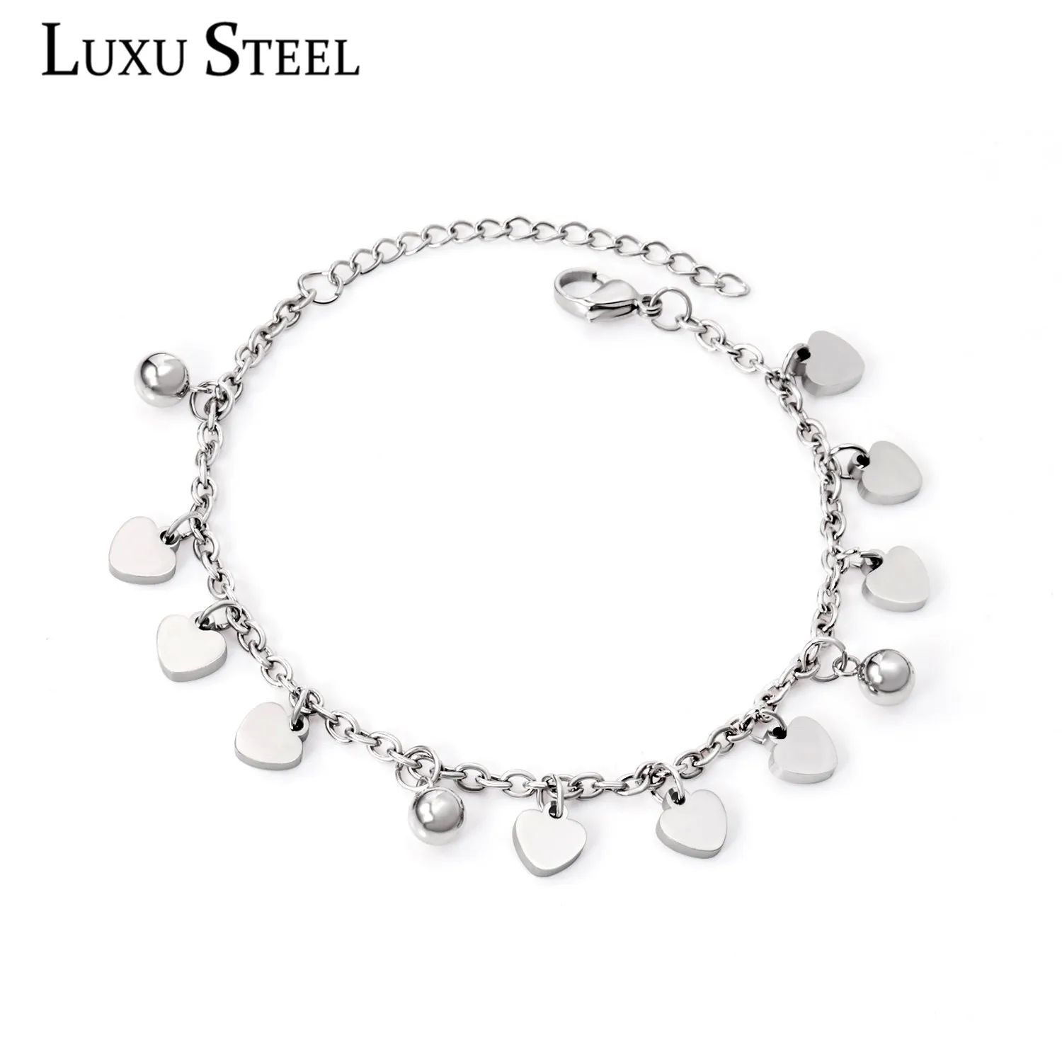 LUXUSTEEL Smalll Heart Silver Color Beaded Bracelets Bangles Women Accessories Party 23cm Fashion Link Chains Bracelets Female