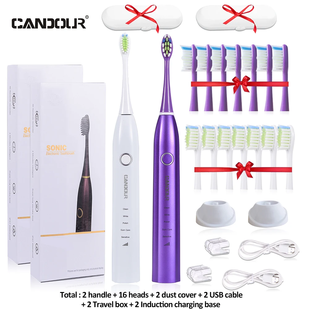 CANDOUR-cepillo de dientes eléctrico 5168 para adulto, dispositivo de inducción de seguridad ultra sónico, resistente al agua ipx8, con 16 cabezales