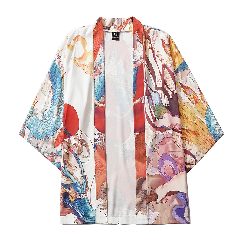 Haori Obi Cosplay Kimono Japanese Dragon and Phoenix Print Anime Cardigan Shirt Women Men Traditional Yukata Asian Clothing