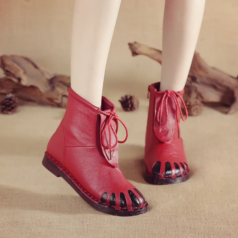 Glglgege Fashion Winter Lace-Up Flat Boots Genuine Leather Ankle Shoes Vintage Casual Shoes Handmade Women Boot